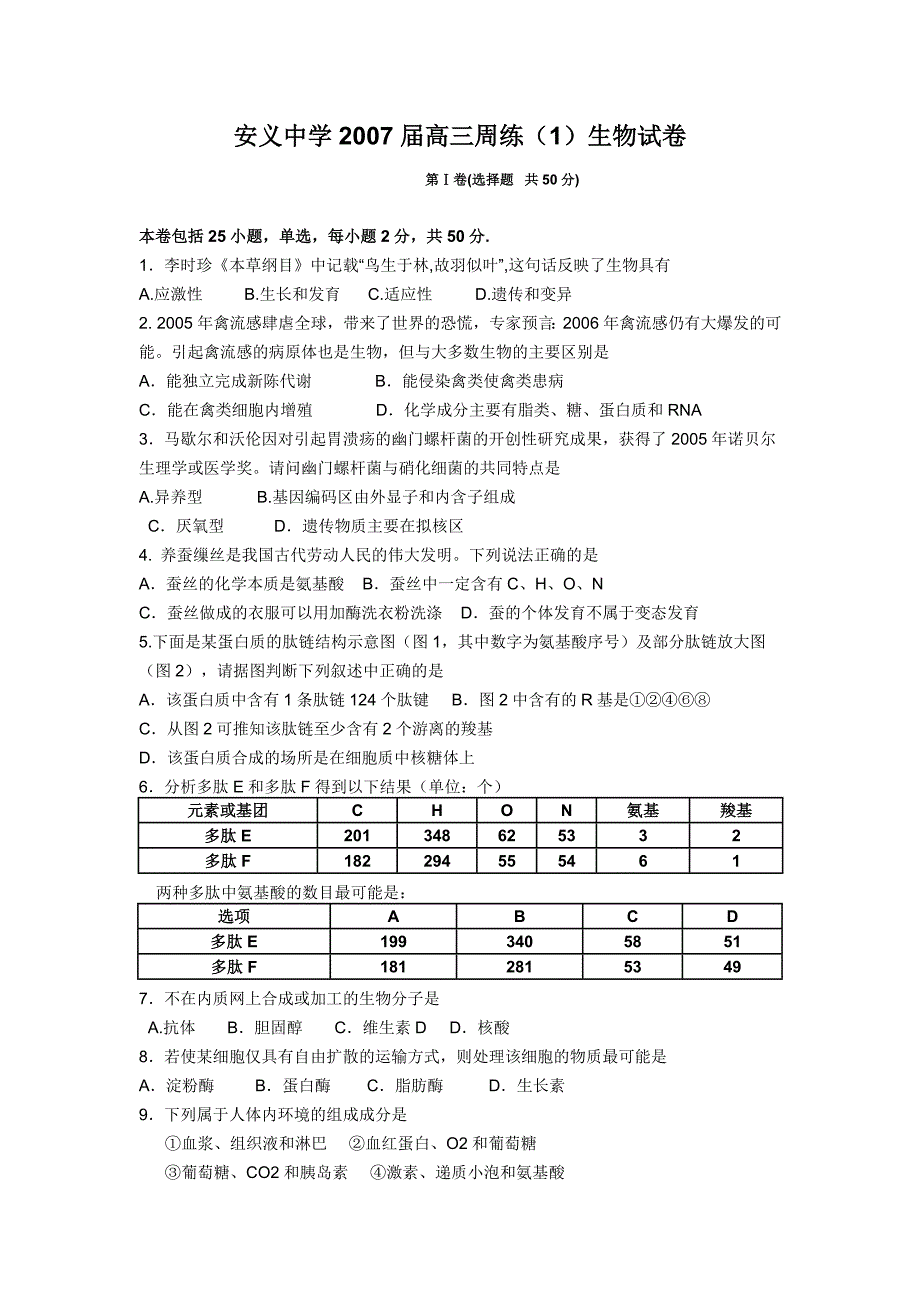 安义中学2007届高三生物周练.doc_第1页