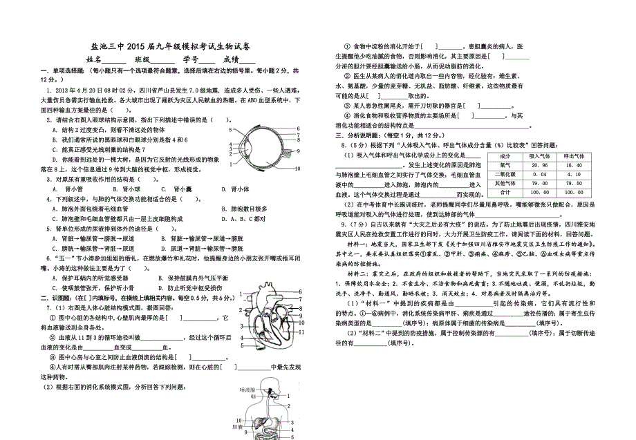 初三生物模拟试卷1_第1页