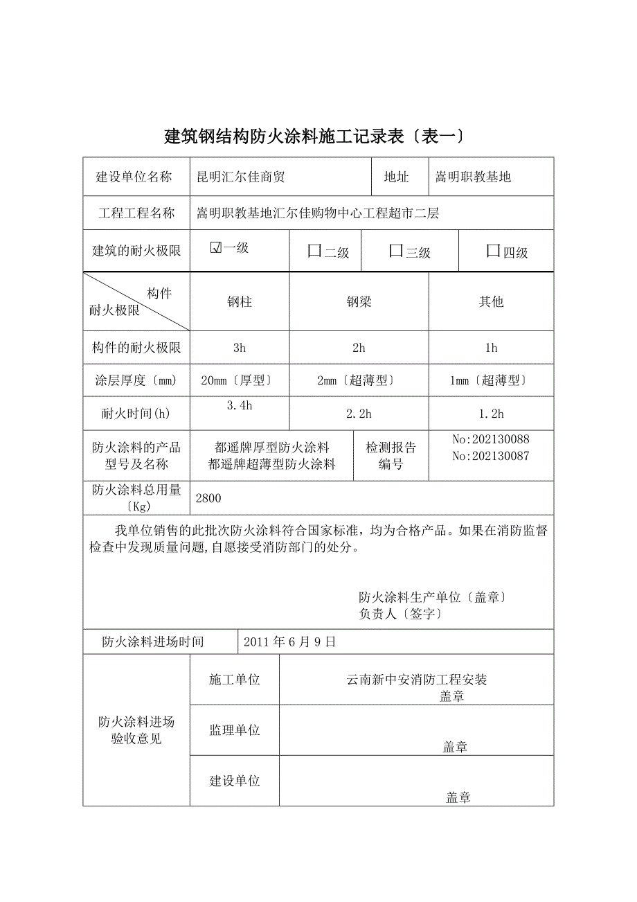 建筑钢结构防火涂料施工记录表二层_第1页
