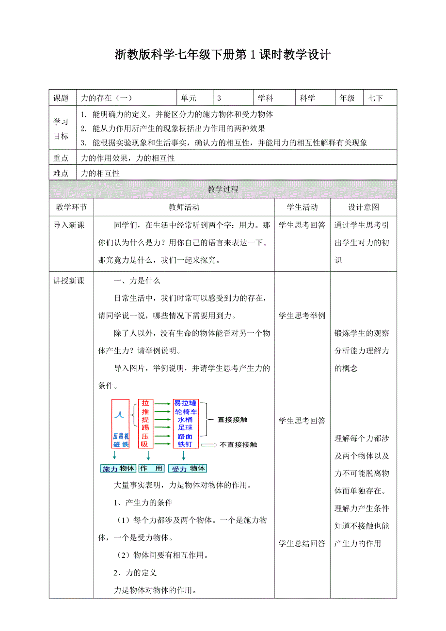 浙教版科学七年级下册第1课时教学设计.doc_第1页