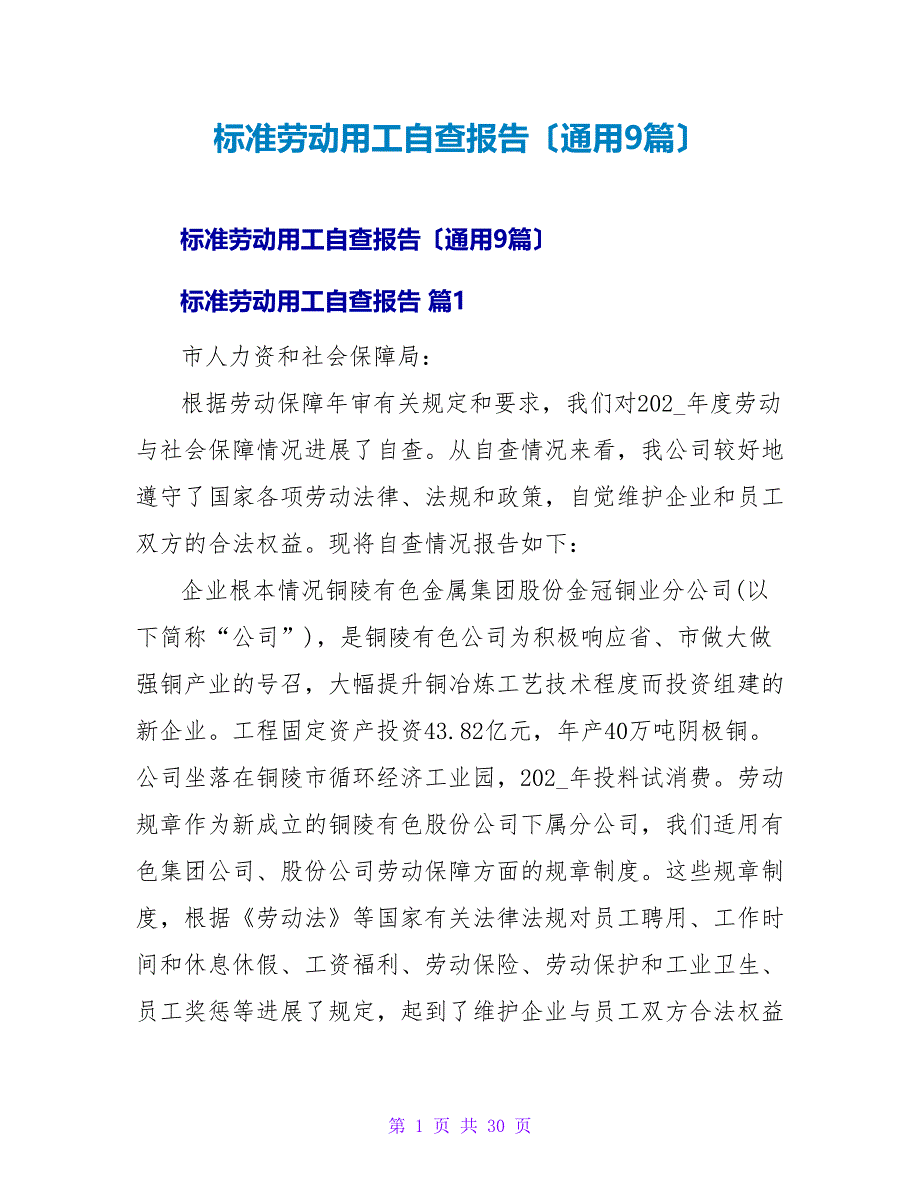 规范劳动用工自查报告（通用9篇）.doc_第1页