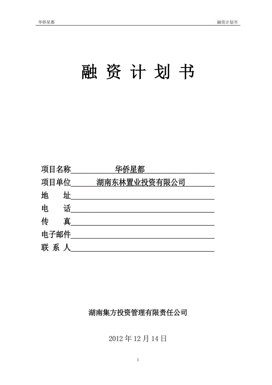 置业投资有限公司融资计划书_第1页