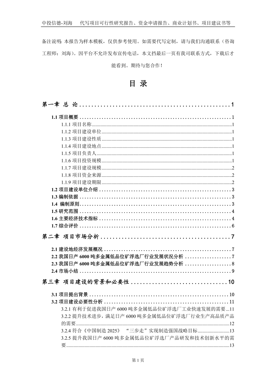 日产6000吨多金属低品位矿浮选厂项目资金申请报告写作模板定制_第2页