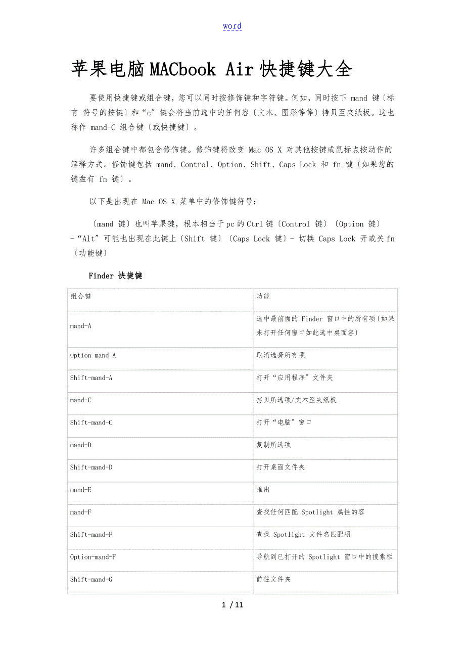 苹果电脑MACbook_Air快捷键大全_第1页