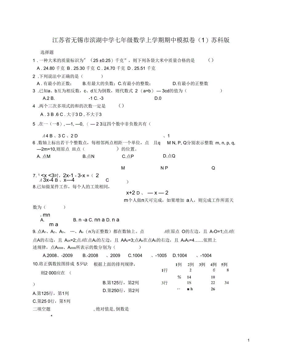 江苏省无锡市七年级数学上学期期中模拟卷(一)(无答案)苏科版_第1页