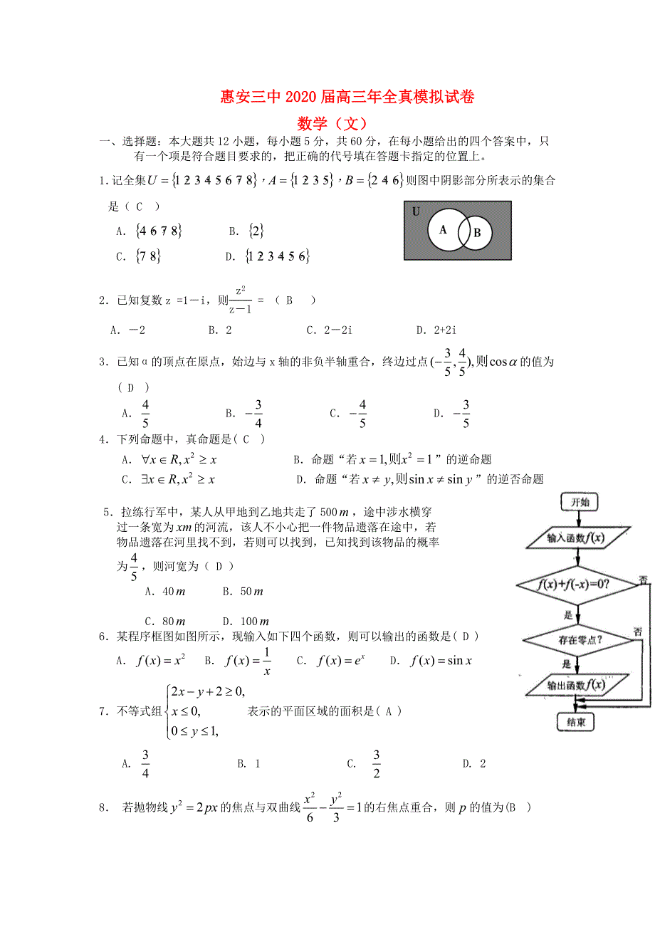 福建省惠安县高三数学全真模拟试题文新人教A版_第1页