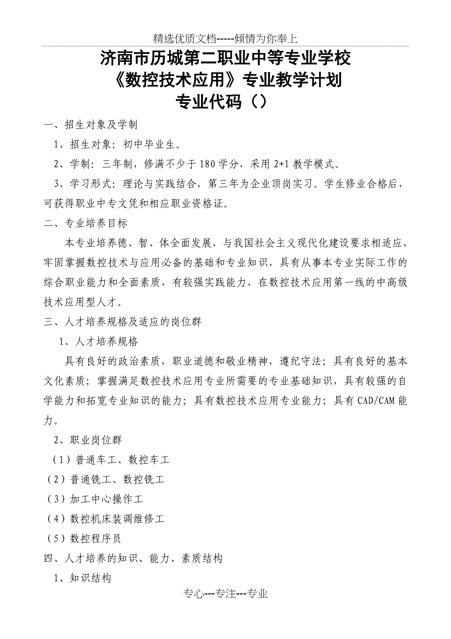 数控技术应用专业教学计划_第1页