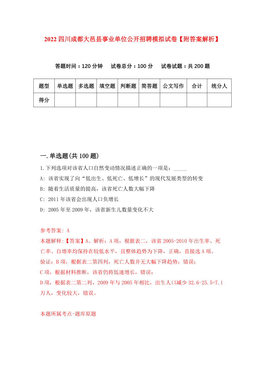 2022四川成都大邑县事业单位公开招聘模拟试卷【附答案解析】（第1期）_第1页