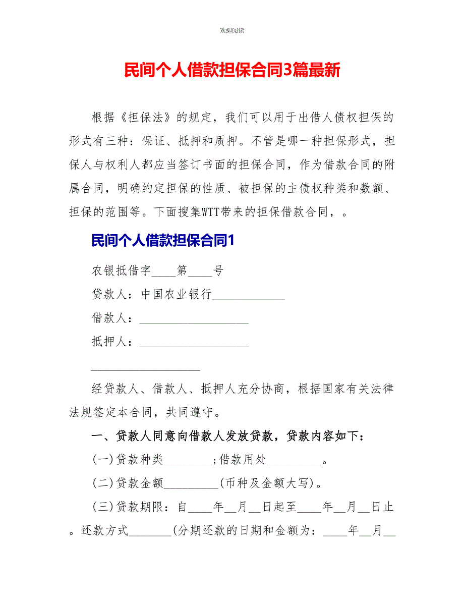 民间个人借款担保合同3篇最新_第1页