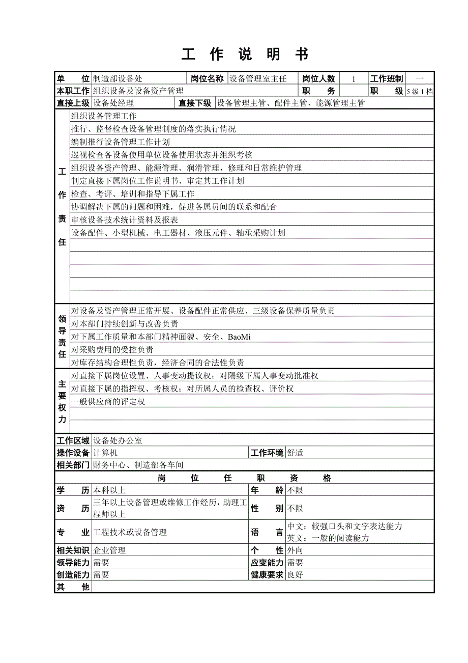 制造部设备处各岗位职位说明书_第3页