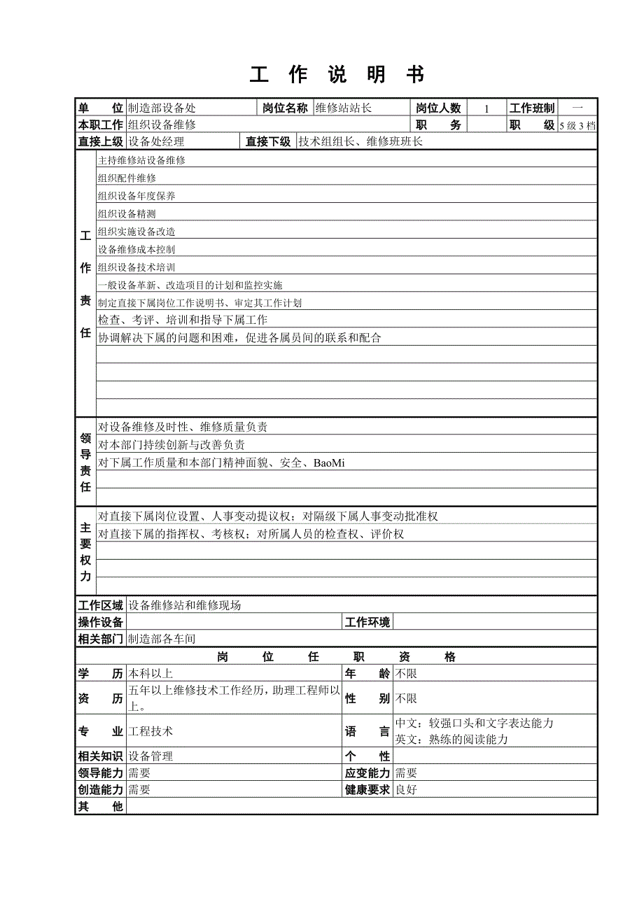 制造部设备处各岗位职位说明书_第4页