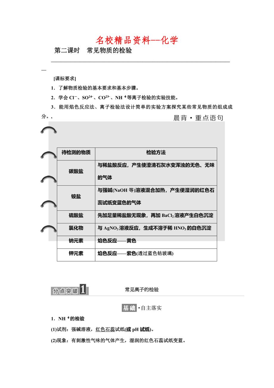 【名校精品】高中化学江苏专版必修一讲义：专题1 第二单元 第二课时　常见物质的检验 Word版含答案_第1页