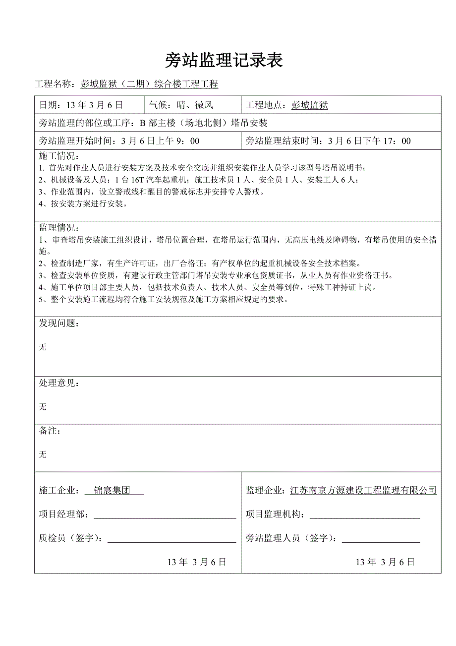 塔吊安装旁站监理旁站记录表 (3)_第2页