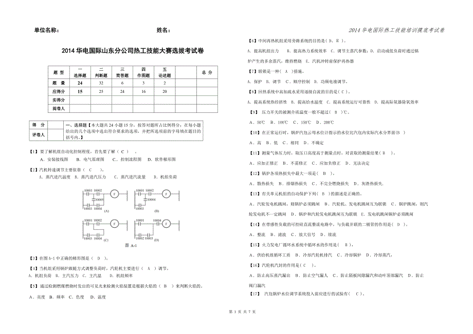 华电国际山东分公司热工技能大赛选拔考试试卷1(带答案)_第1页
