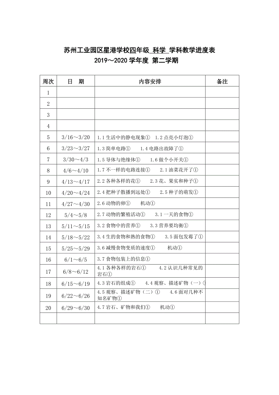 2019-2020学年 第二学期 四年级科学下册教学计划_第3页