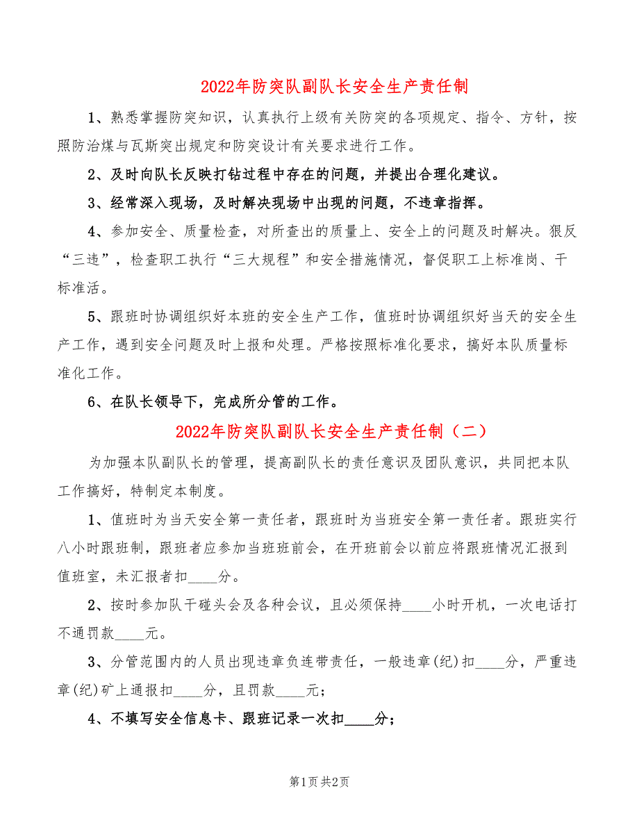 2022年防突队副队长安全生产责任制_第1页