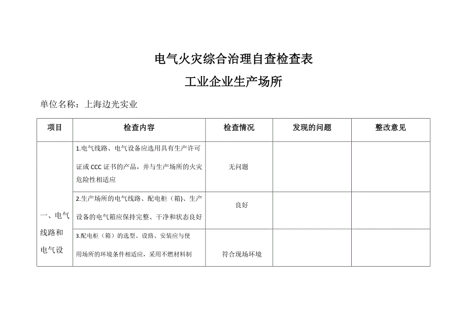 电气火灾综合治理自查检查表_第1页