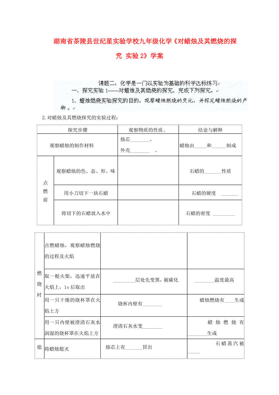 湖南省茶陵县世纪星实验学校九年级化学《对蜡烛及其燃烧的探究 实验2》学案（无答案）_第1页