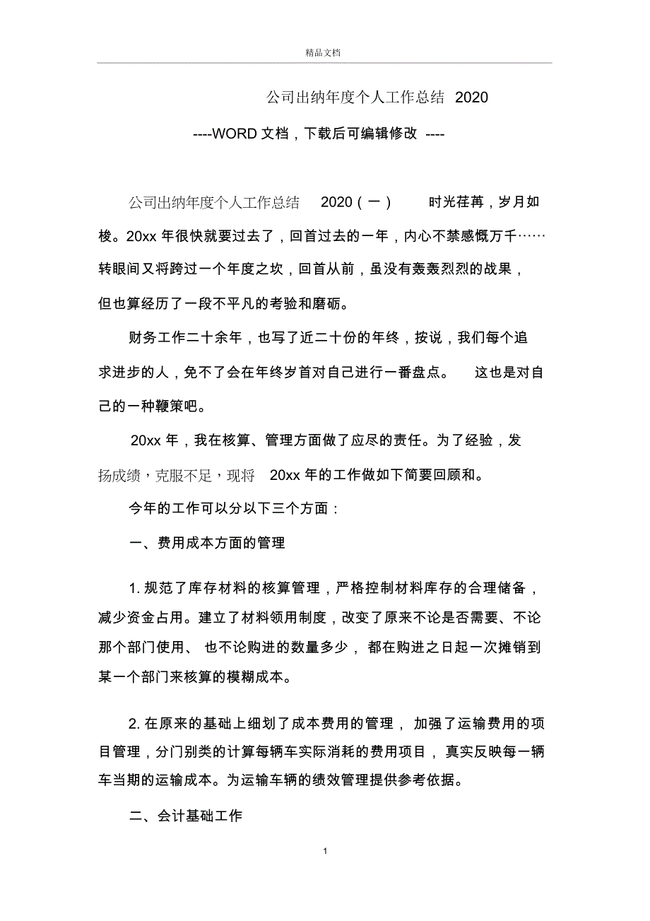 公司出纳个人工作总结2020_第1页