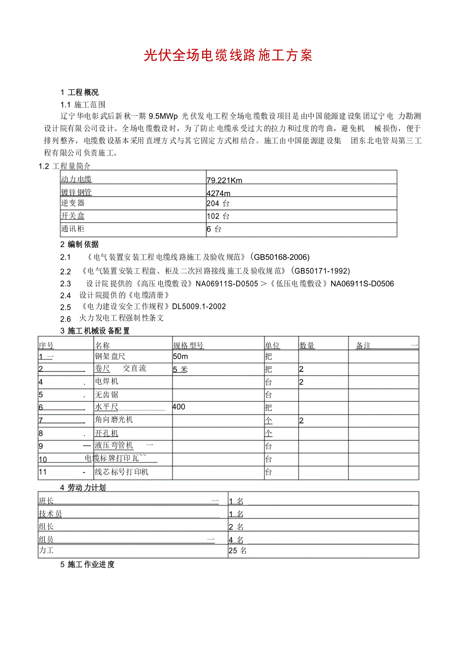 光伏全场电缆线路施工方案_第1页