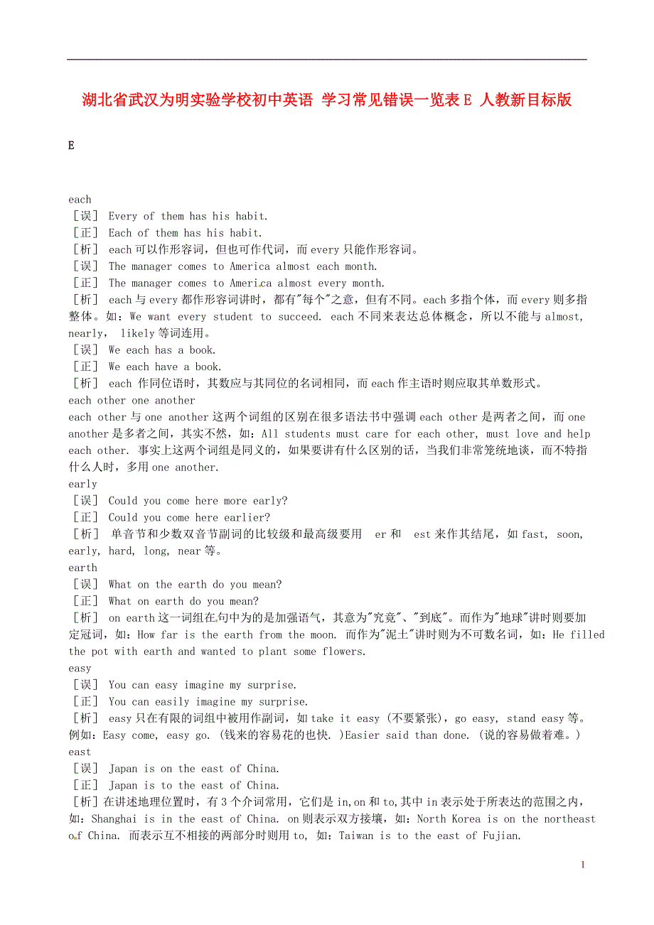 湖北省武汉为明实验学校初中英语学习常见错误一览表E人教新目标版_第1页