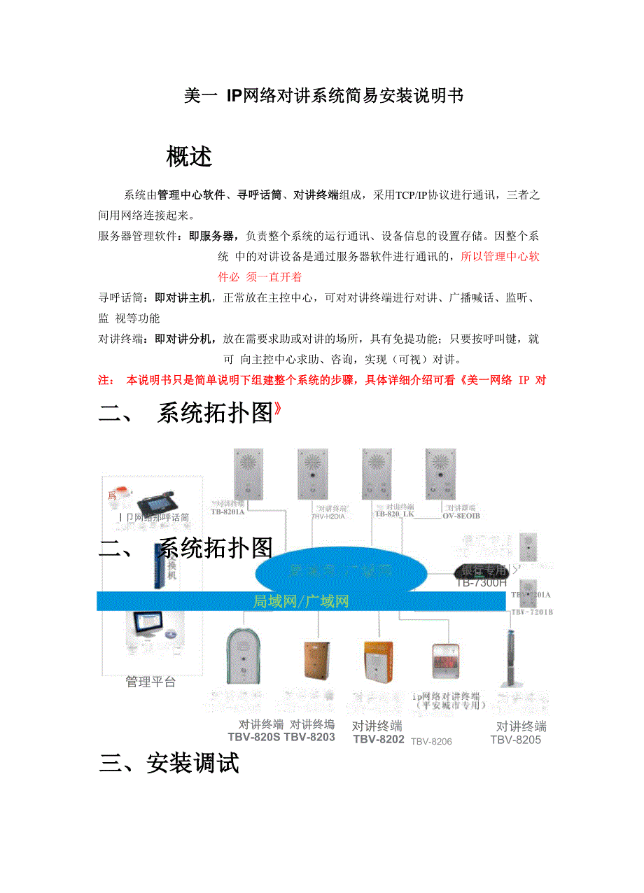 美一IP网络对讲系统简易安装说明书概述_第1页