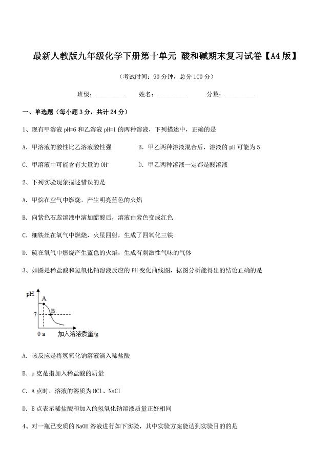 2018学年最新人教版九年级化学下册第十单元-酸和碱期末复习试卷【A4版】.docx