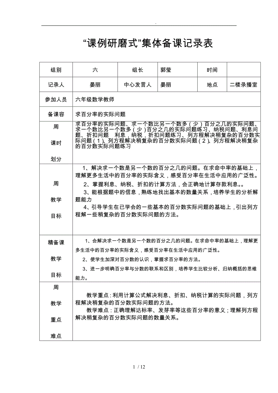 百分数的课例研磨式集体备课记录表_第1页