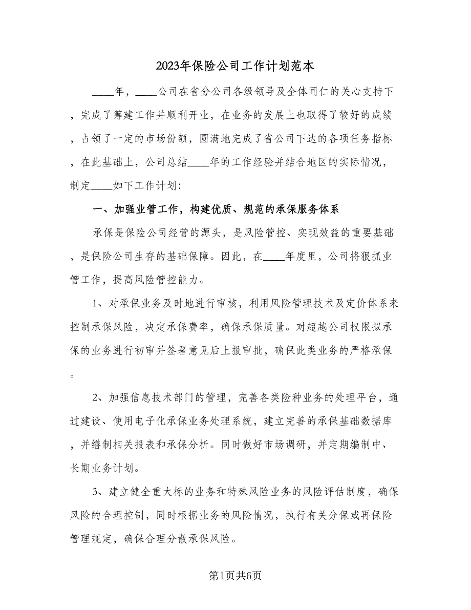 2023年保险公司工作计划范本（二篇）_第1页