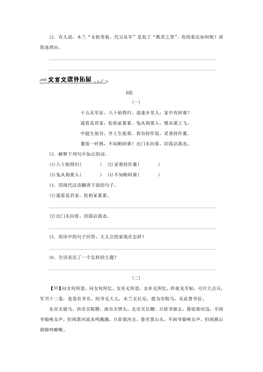 最新七年级语文下册第二单元8木兰诗习题人教版_第3页