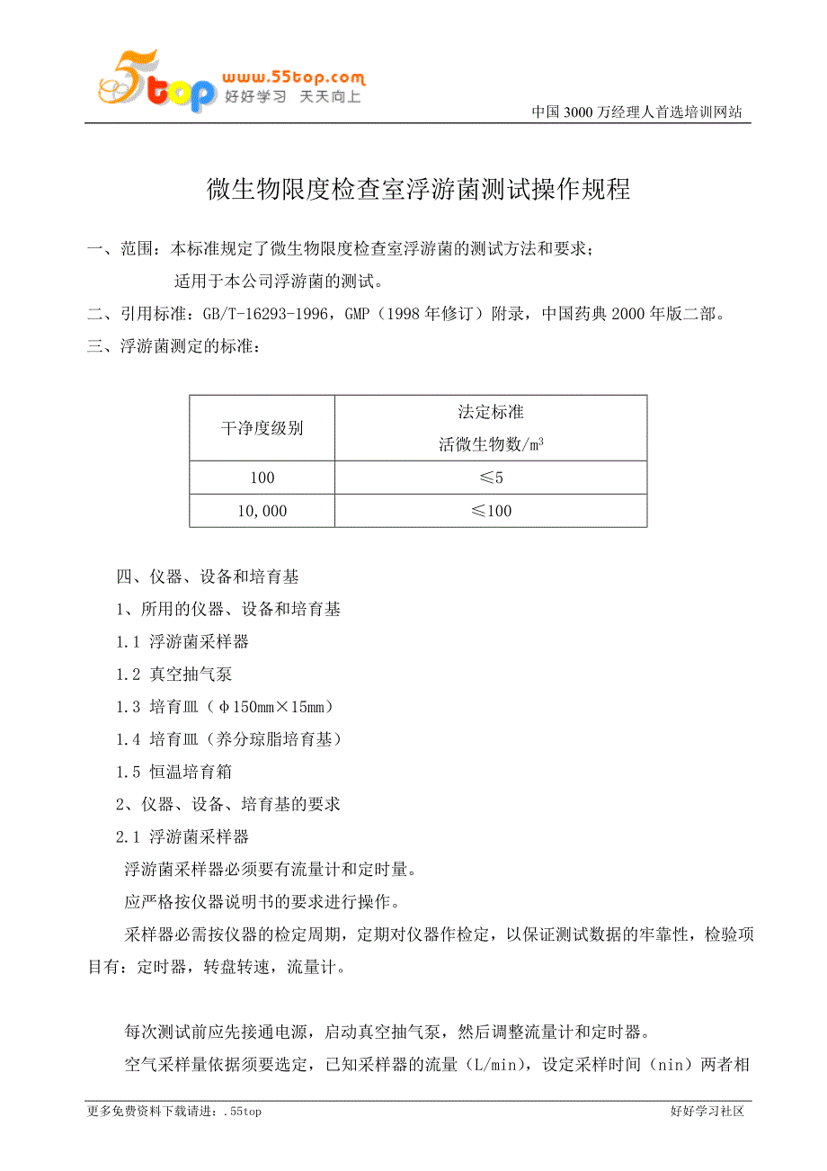 微生物限度检查室浮游菌测试操作规程_第1页