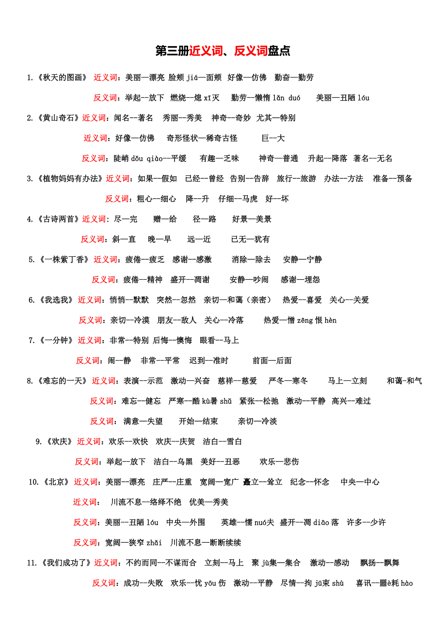 人教版小学语文二年级上册近义词、反义词汇总带拼音_第1页