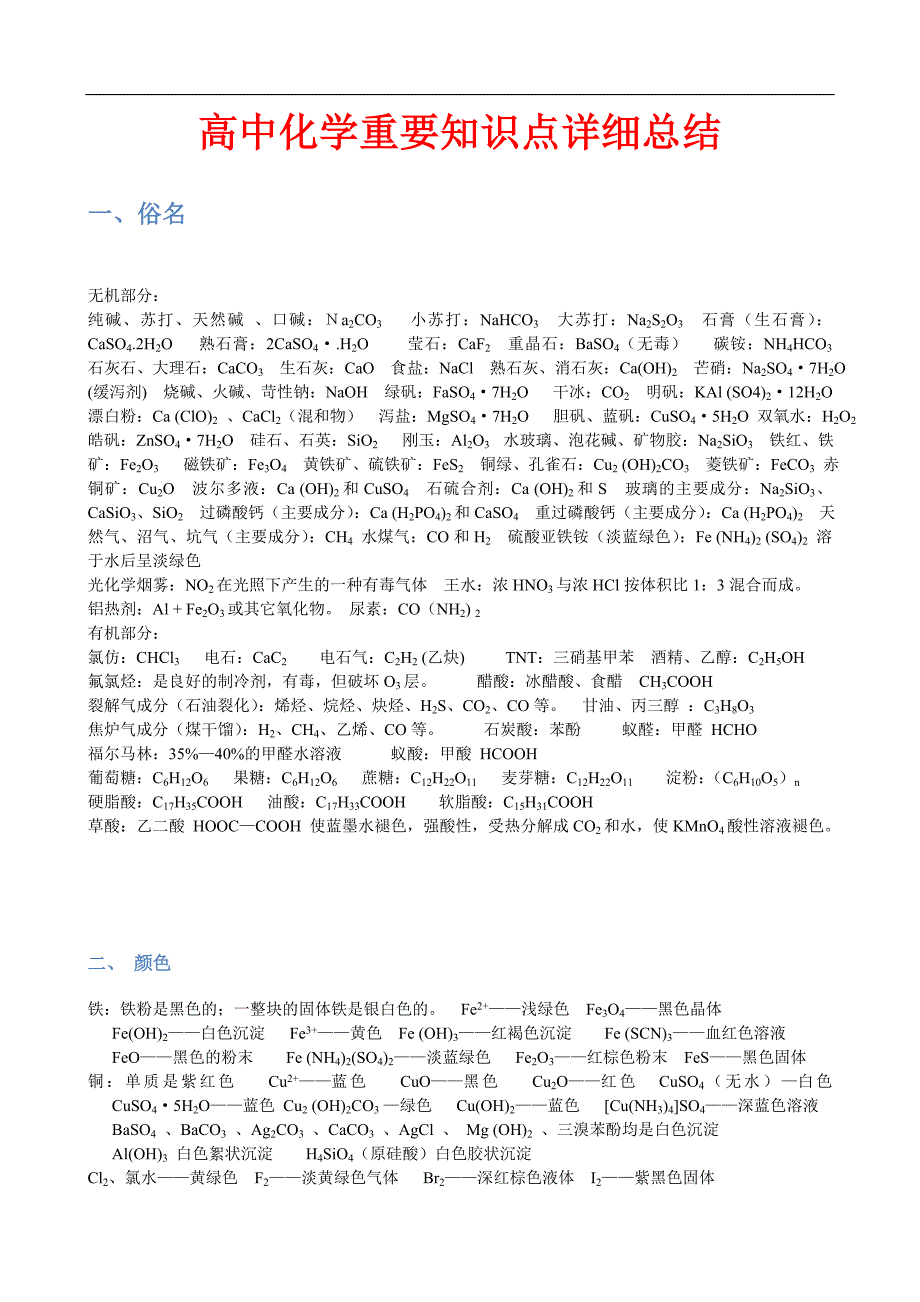 (完整word版)高中高考必考化学重要知识点详细总结《完整版》-推荐文档.doc_第1页