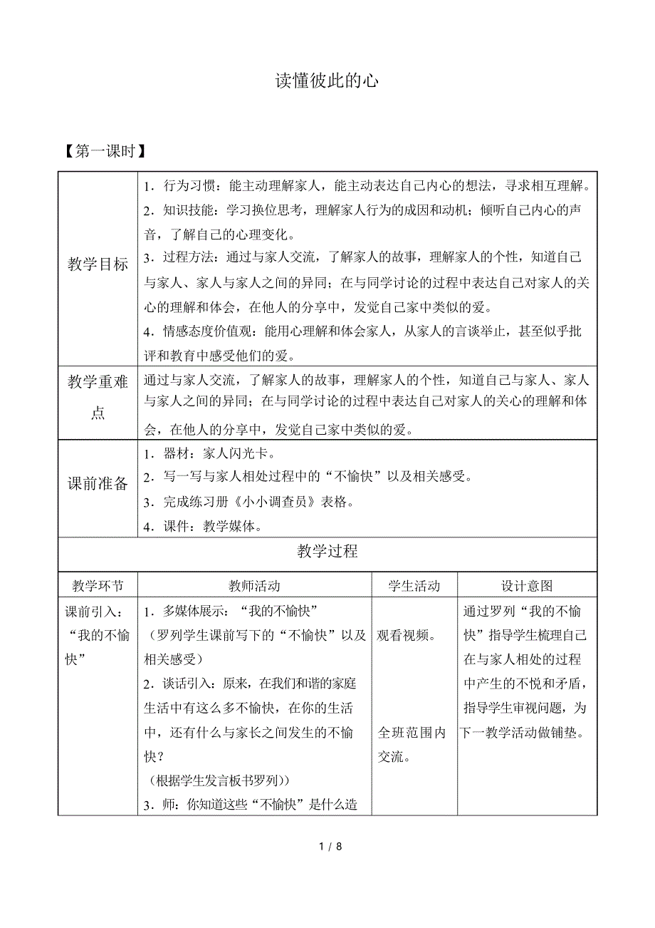 人教部编版道德与法治五年级下册1 读懂彼此的心教案_第1页