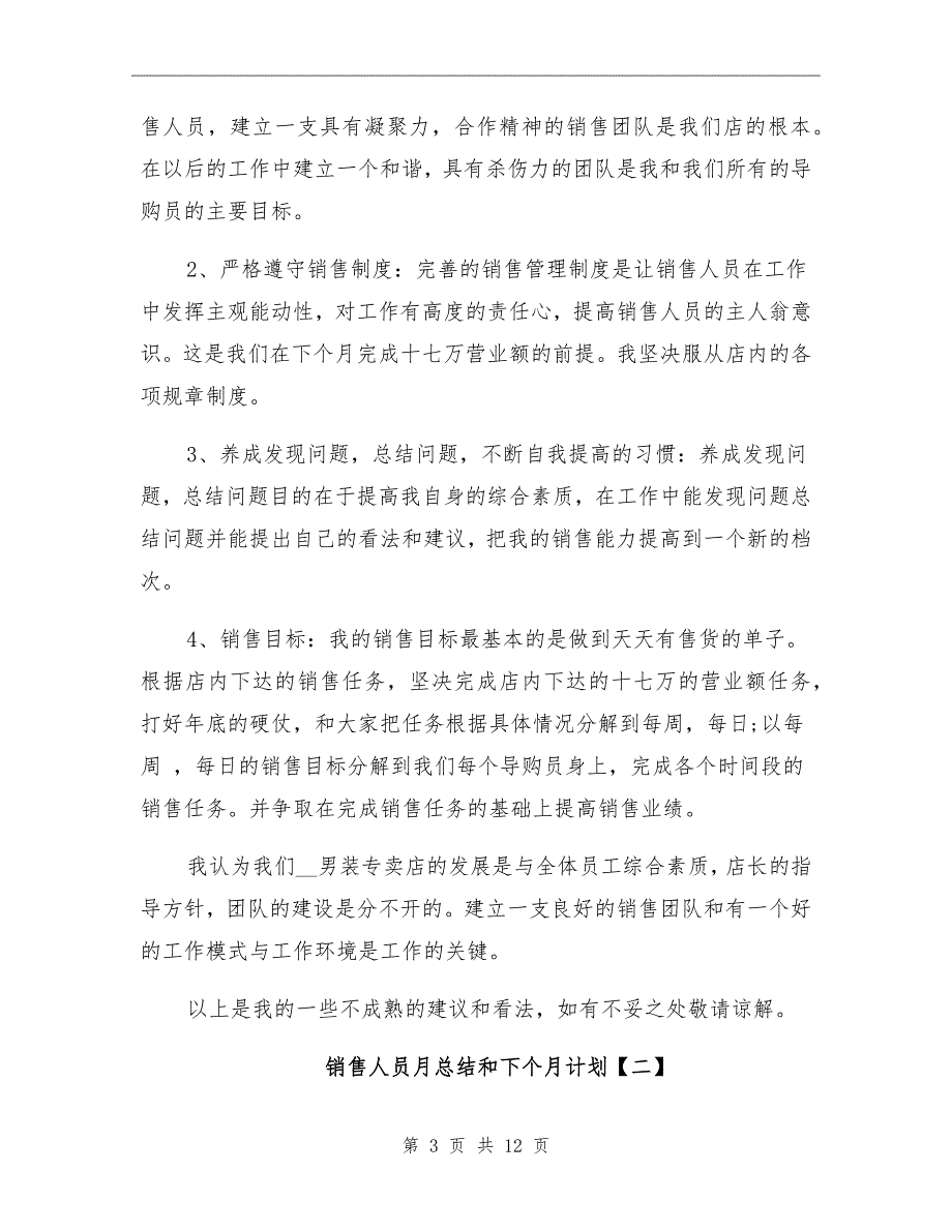 销售人员月总结和下个月计划_第3页