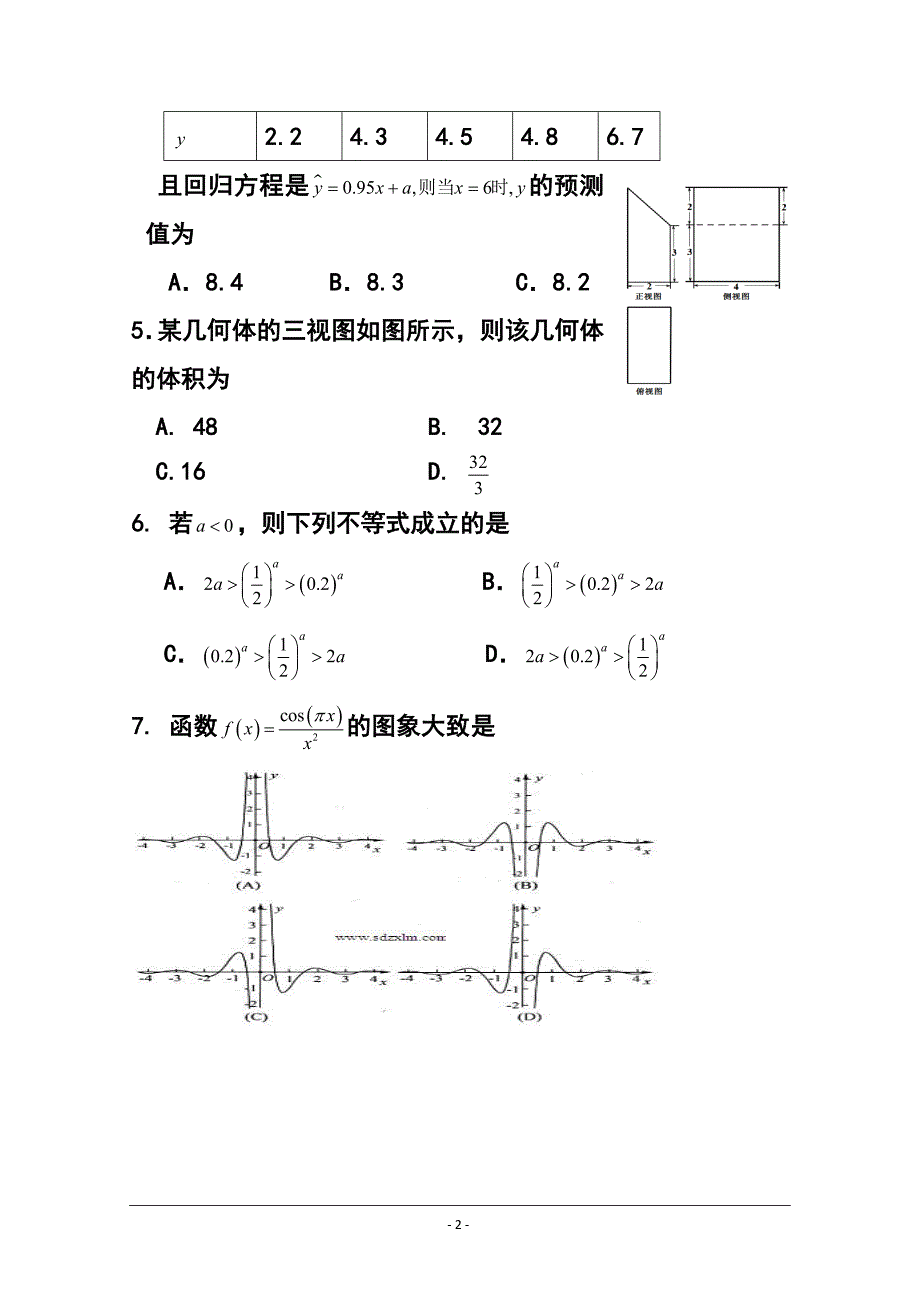 山东省高密市高三4月月考文科数学试题及答案_第2页