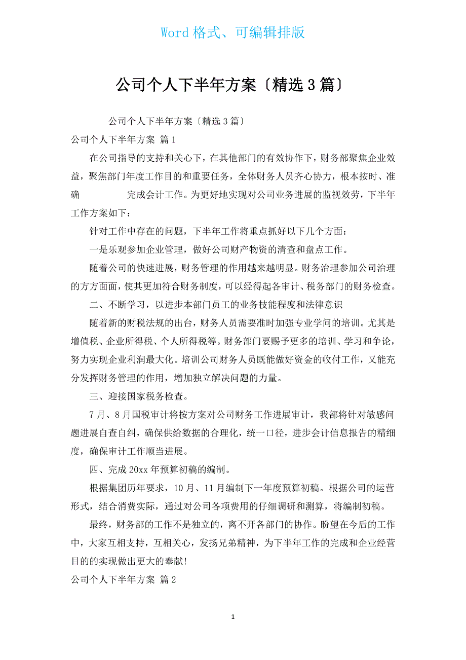 公司个人下半年计划（汇编3篇）.docx_第1页