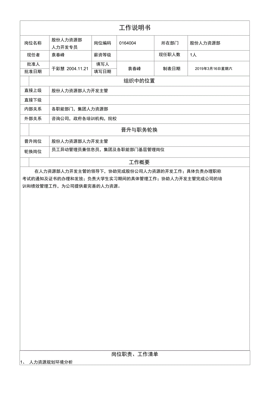 岗位工作说明书力资源开发管理员_第1页