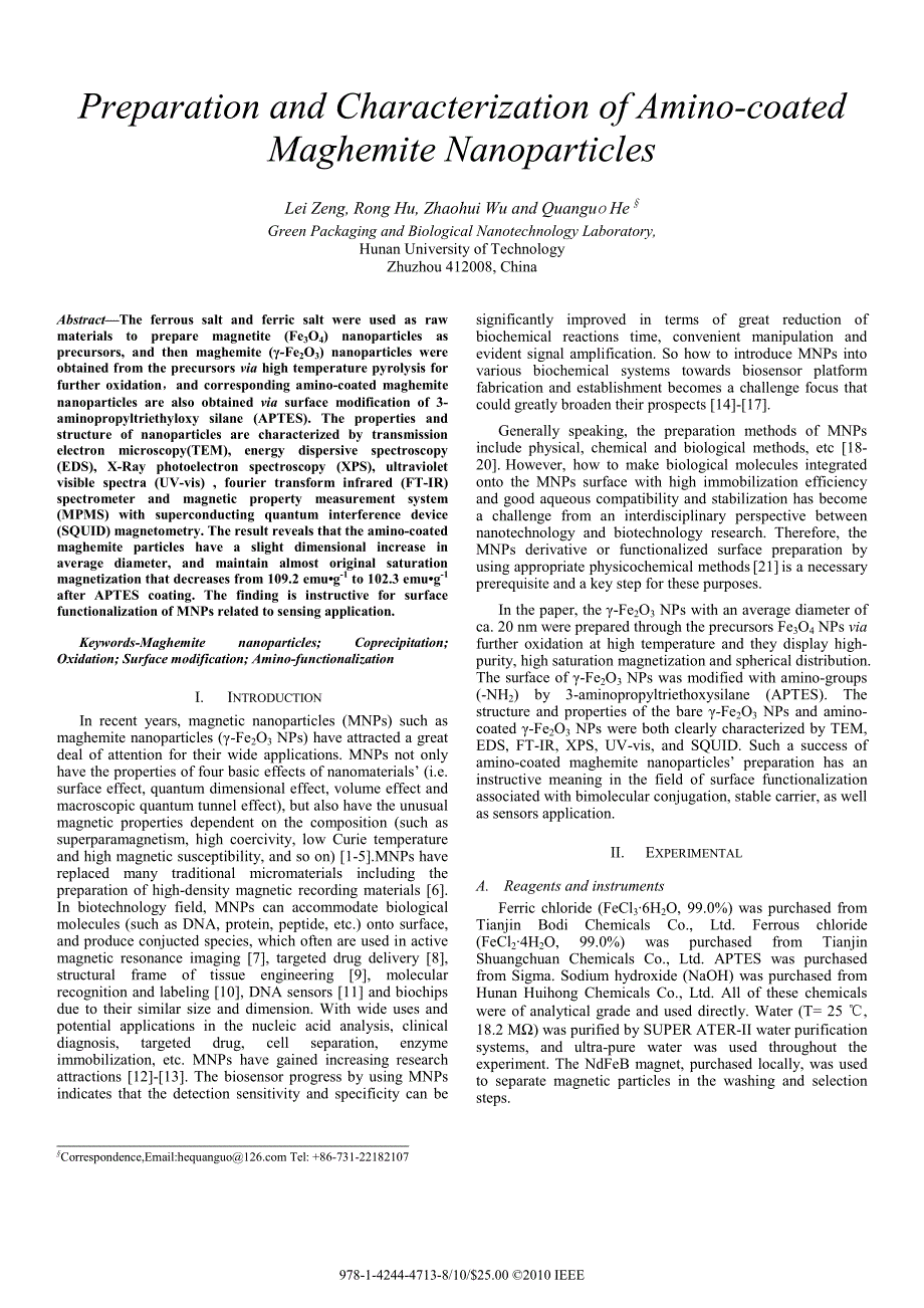 外文翻译--Preparation and Characterization of Amino-coated Maghemite Nanoparticles_第1页