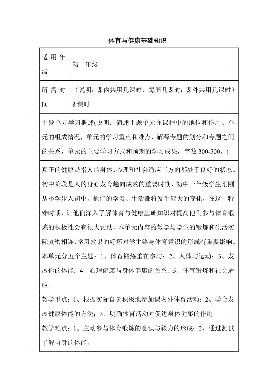 初中体育体育与健康基础知识单元教学设计以及思维导图_第1页