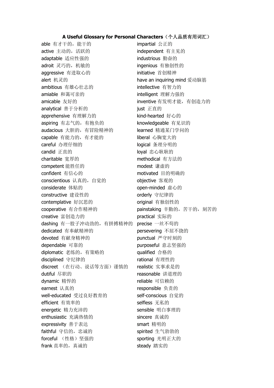 描述个人品质的英语词汇_第1页