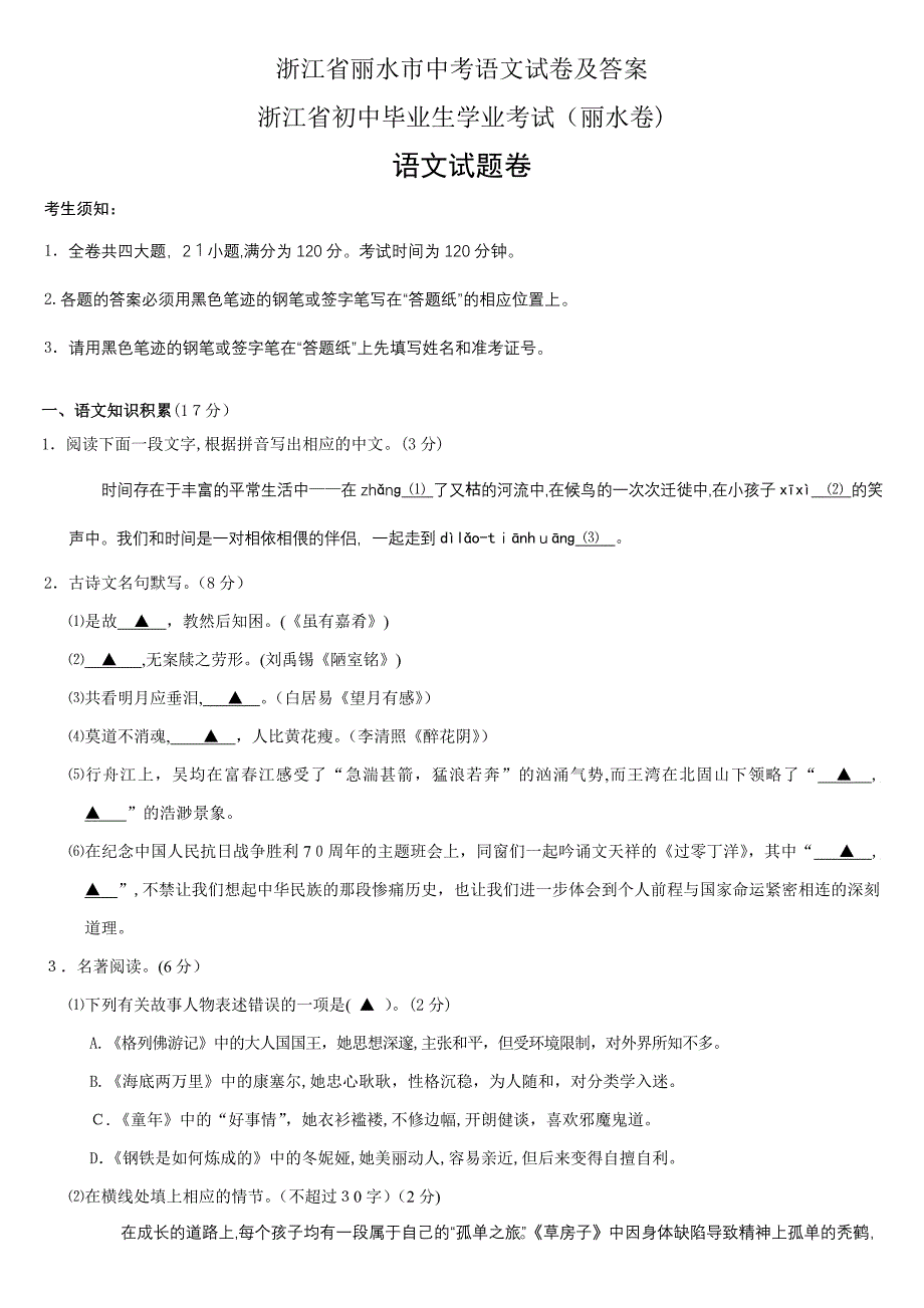 浙江省丽水市中考语文试卷及答案_第1页