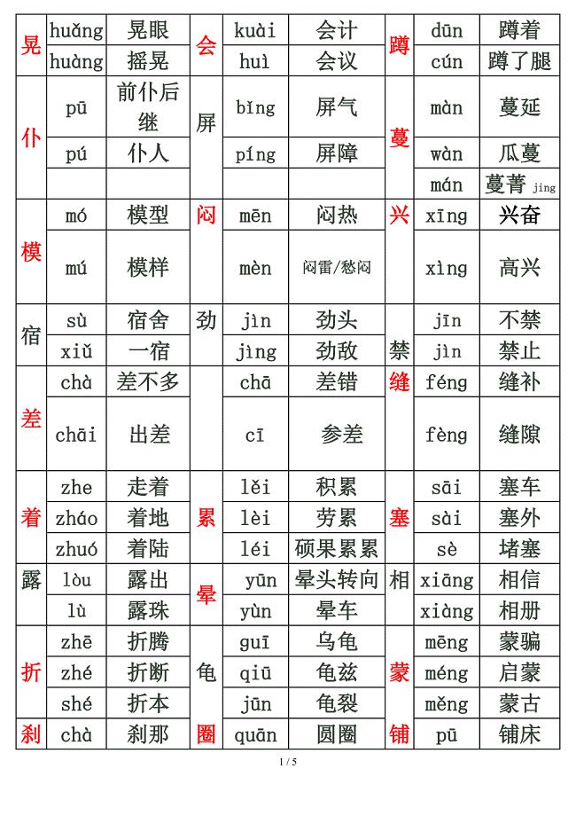 s版语文五年级上册多音字综合