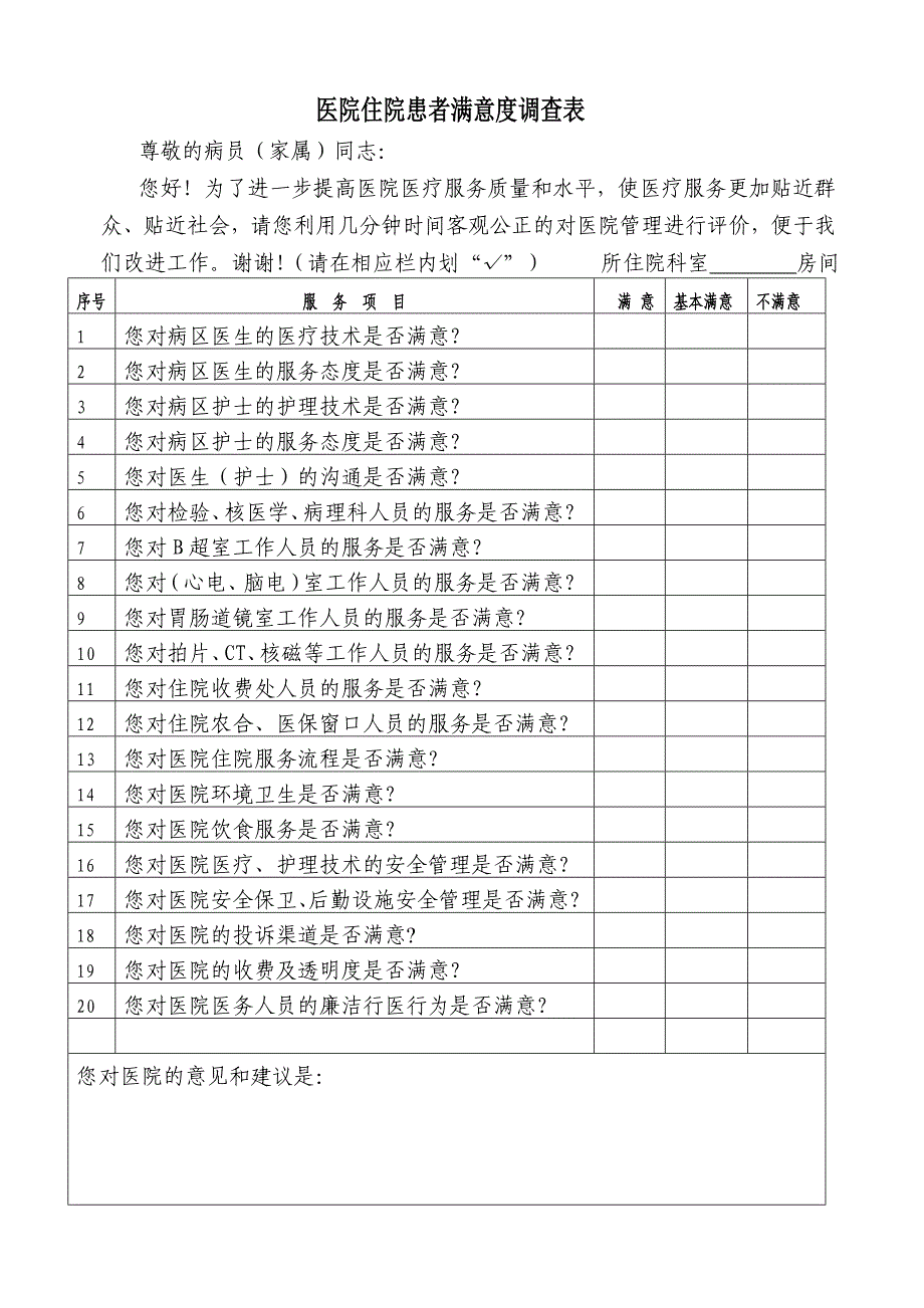 医院各类满意度调查表样表.doc_第1页