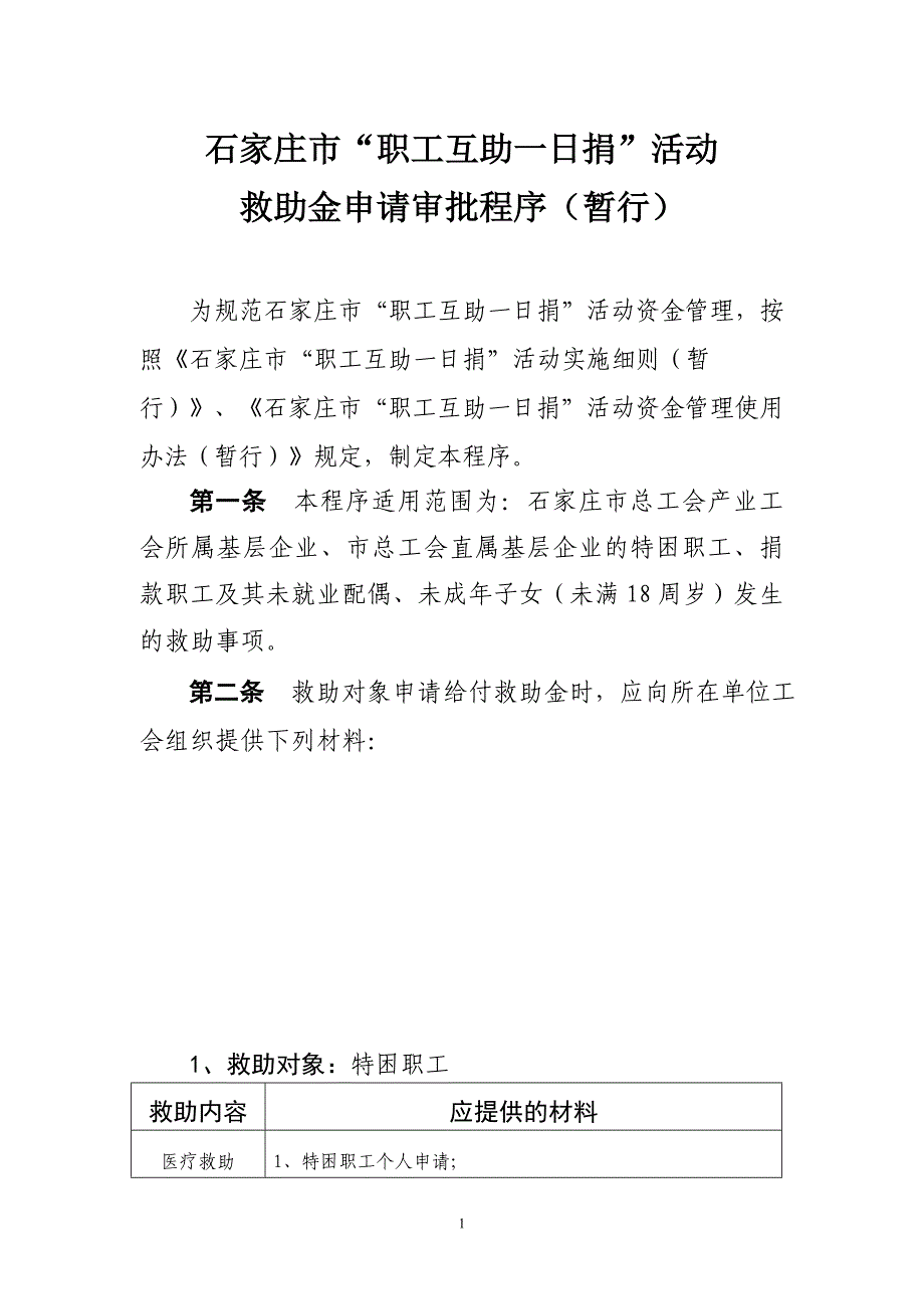 石家庄市“职工互助一日捐”活动救助金申请审批程序_第1页