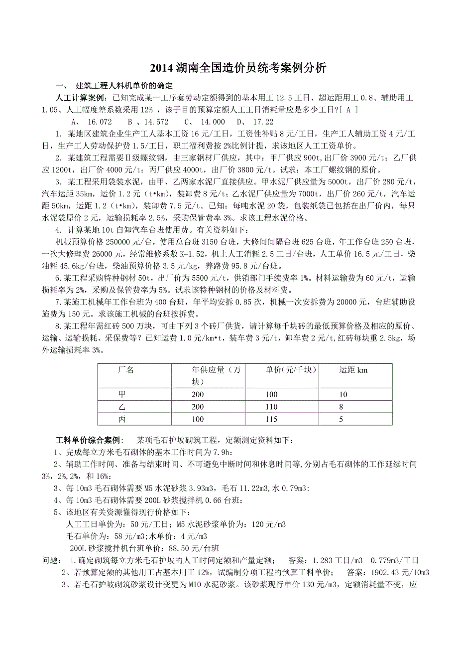 2014湖南全国造价员统考案例分析_第1页