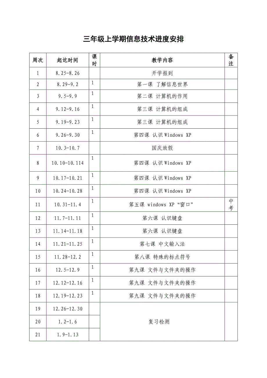 三年级上册信息与技术进度表_第1页