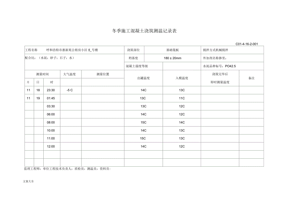 冬季施工混凝土浇筑测温记录簿表_第1页