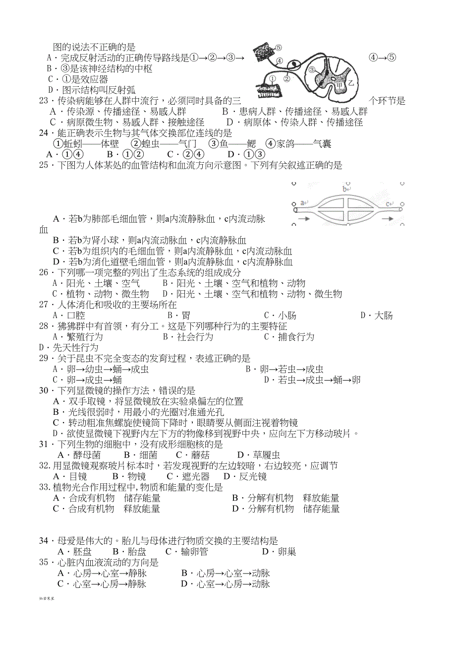 苏科版生物八年级生物会考模拟试卷(DOC 5页)_第2页