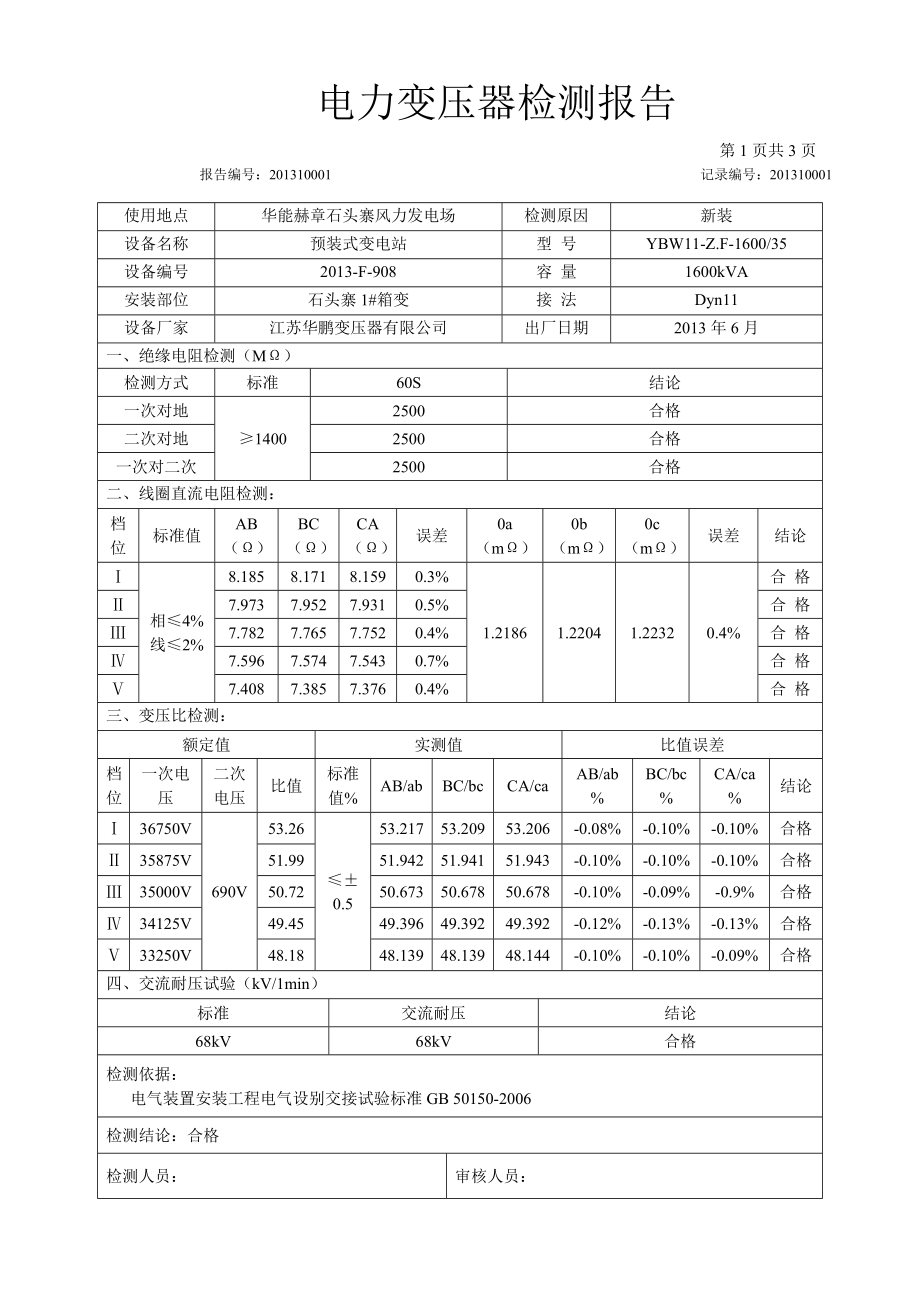 石头寨风电场35kV箱变试验报告_第4页